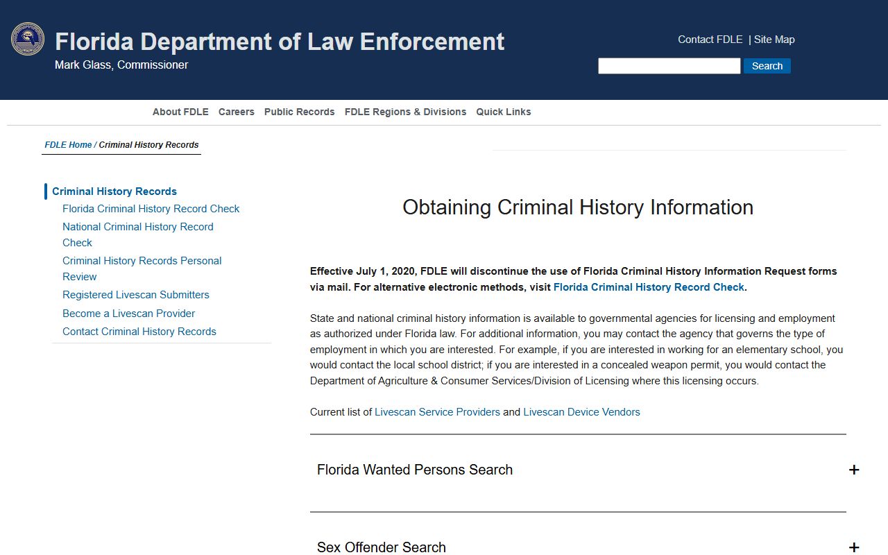 FDLE criminal history records search page for Florida booking data
