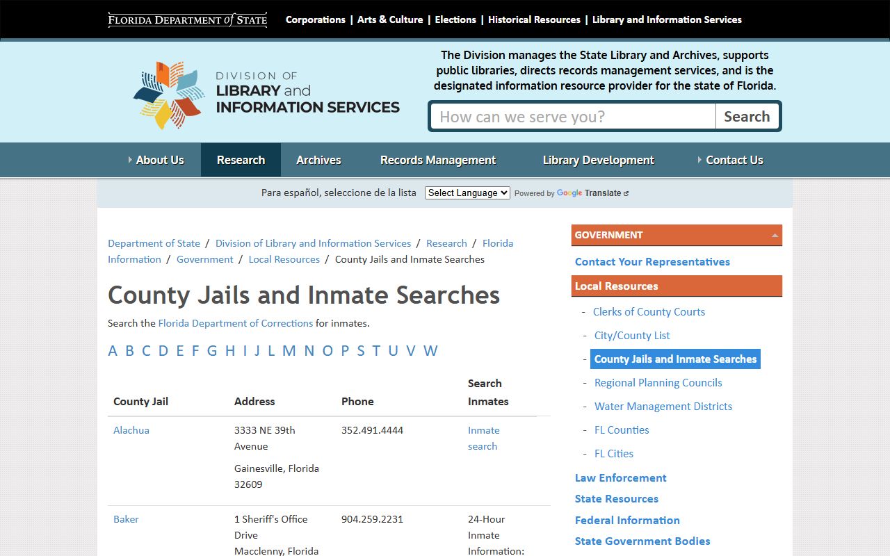 Florida Department of State county jails and inmate search directory