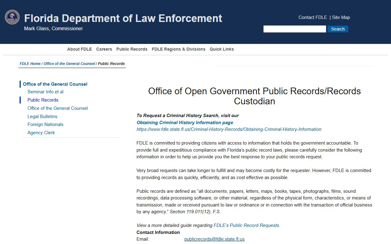 FDLE Office of General Counsel public records page for Florida