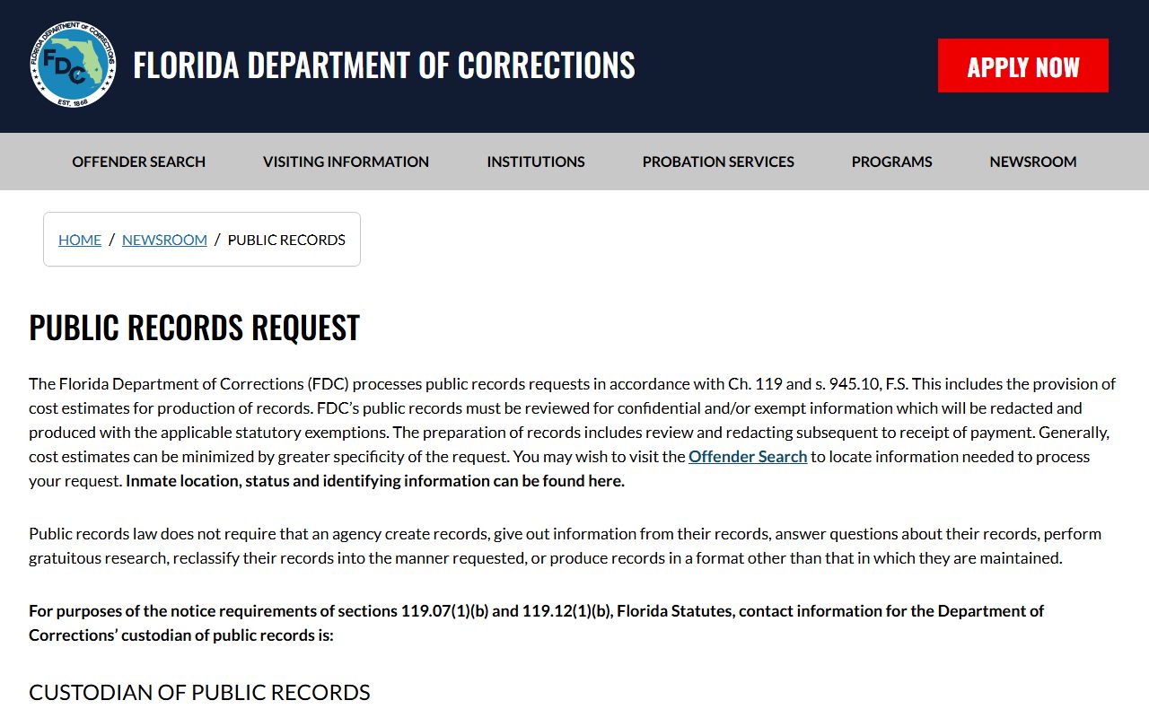 Florida Department of Corrections public records page